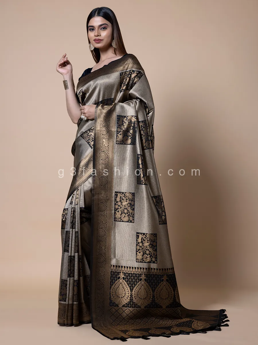 Black and grey silk zari weaving saree