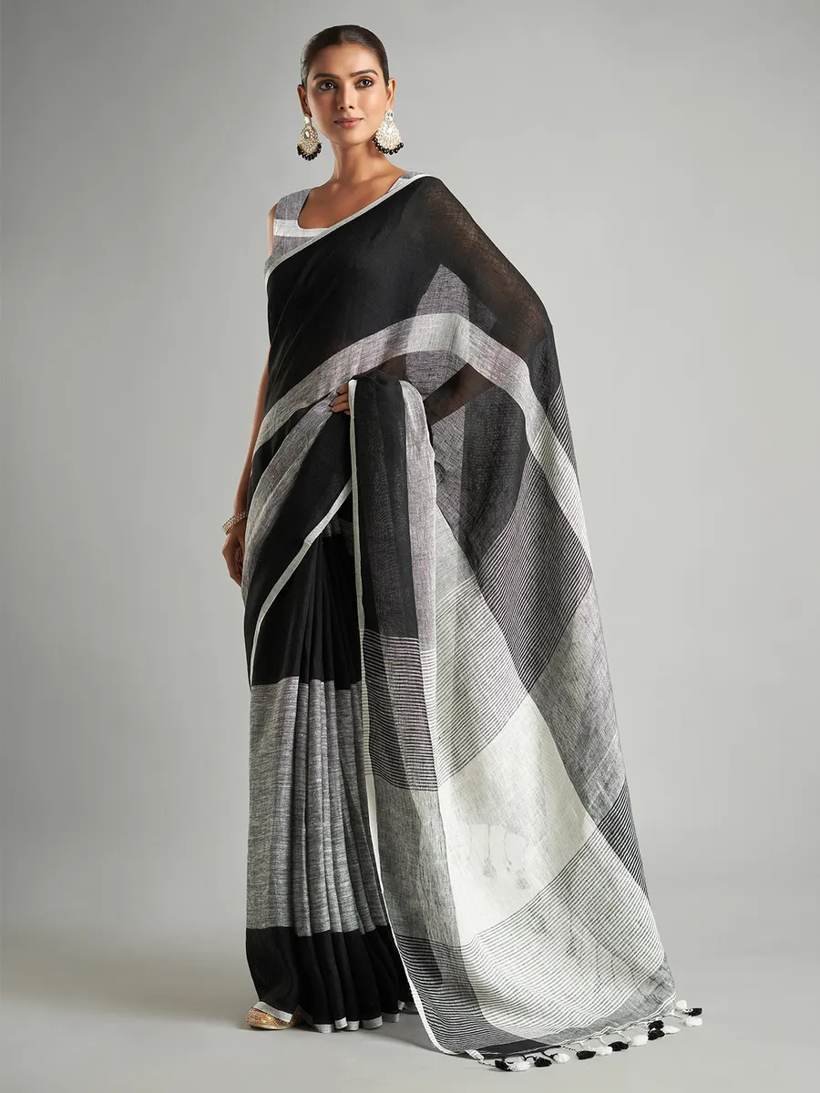 Black and grey stripe cotton linen saree