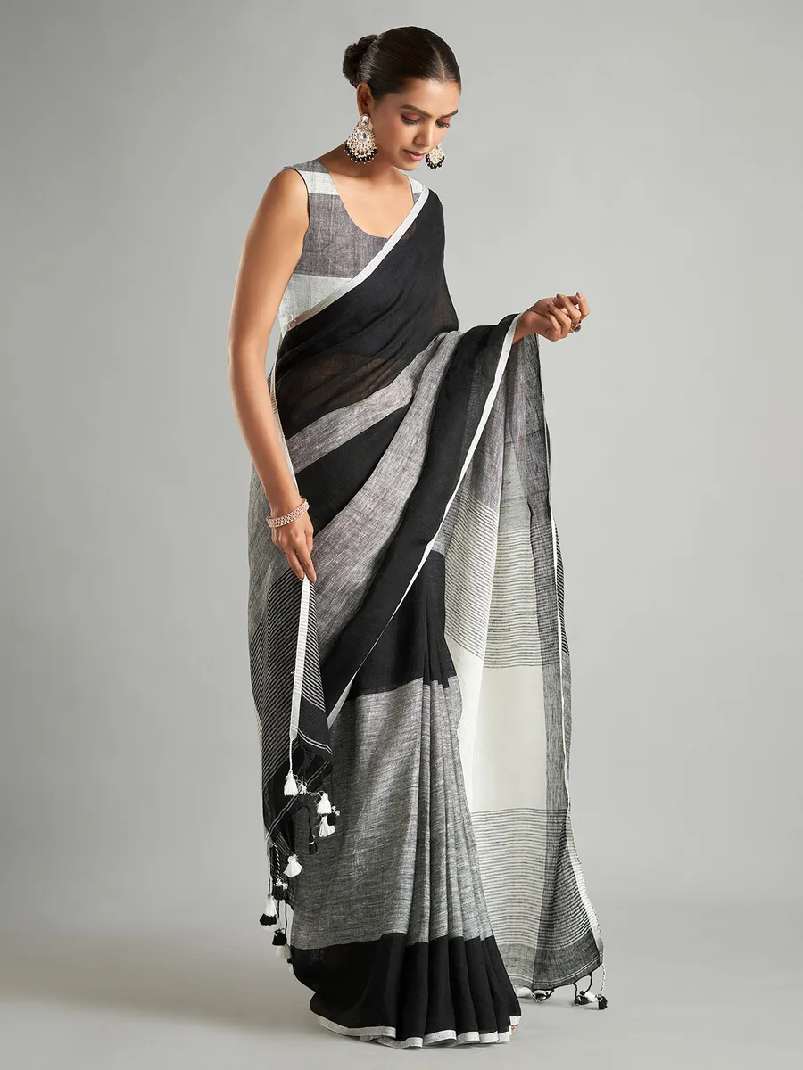 Black and grey stripe cotton linen saree