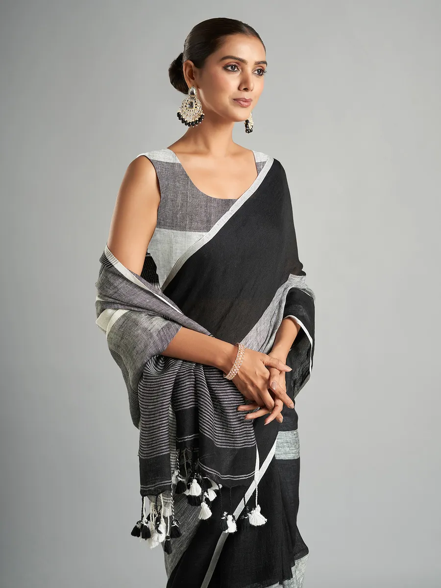 Black and grey stripe cotton linen saree