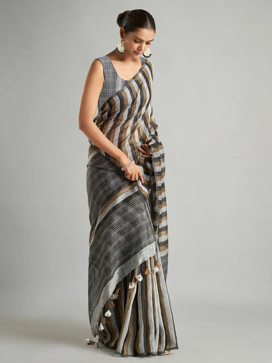 Black and grey stripe saree