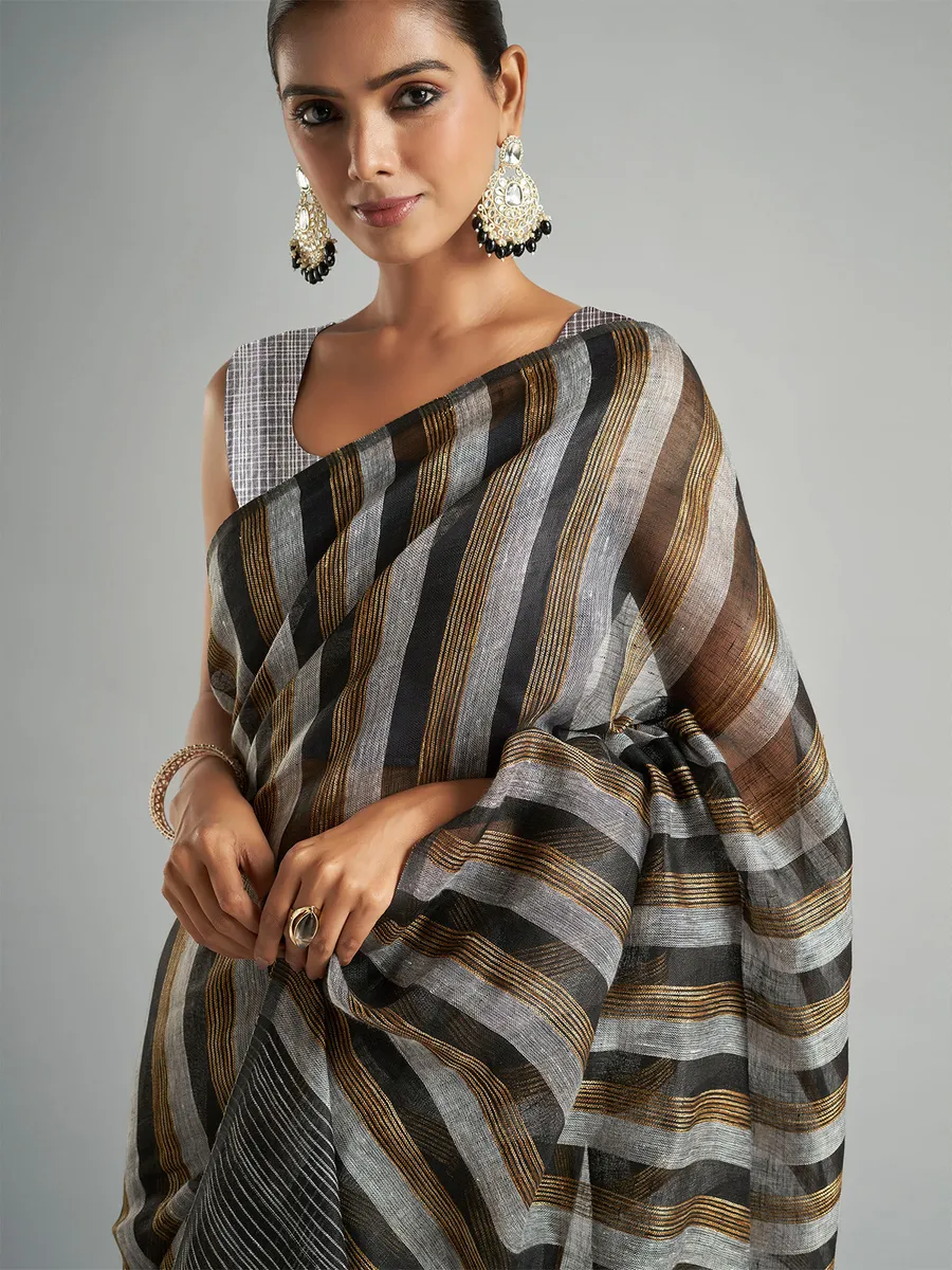 Black and grey stripe saree