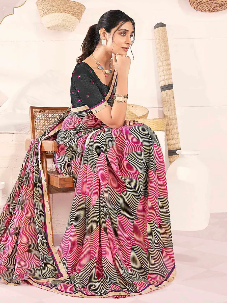 Black and pink printed georgette saree