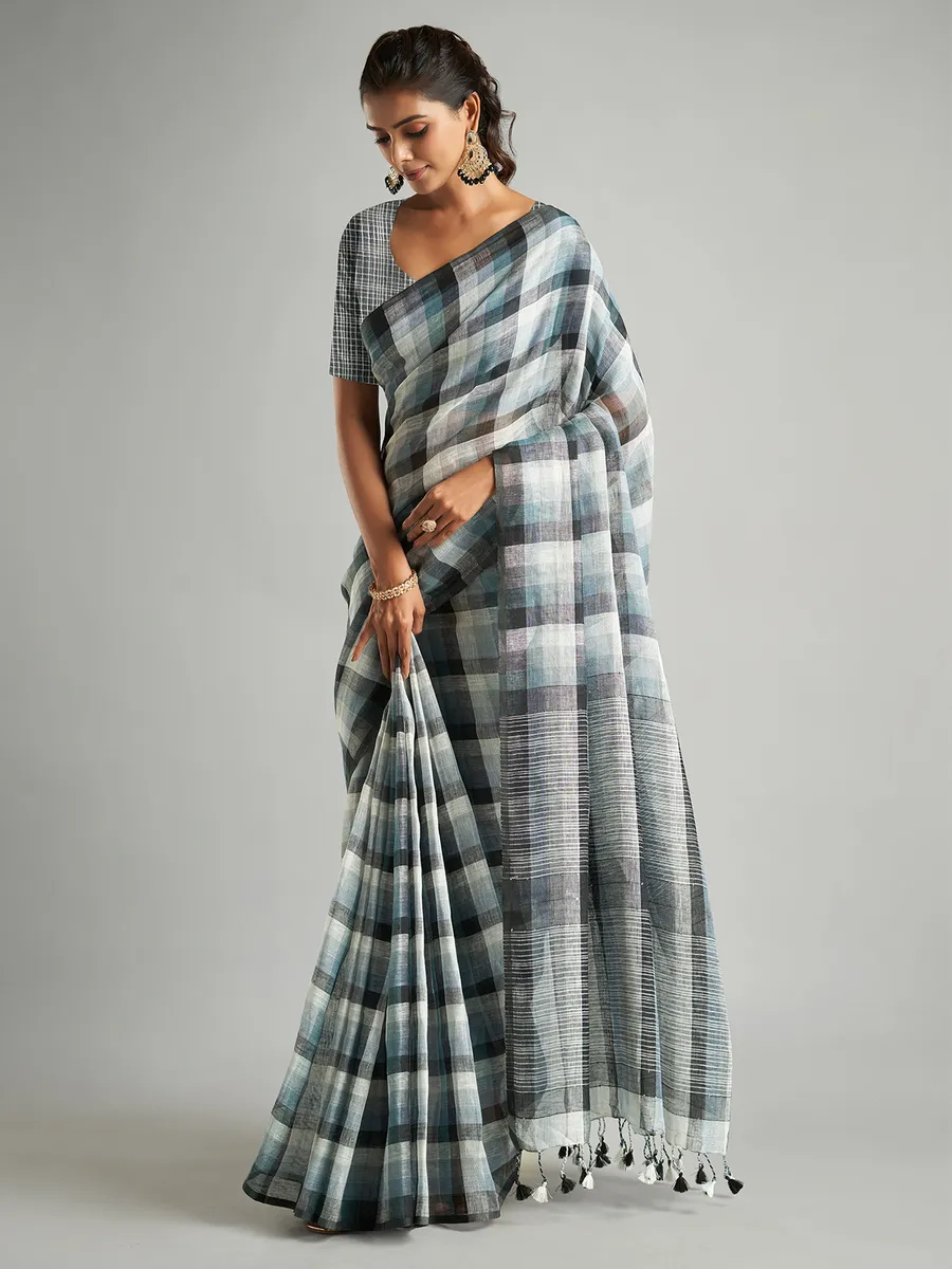 Black and white checks cotton linen saree