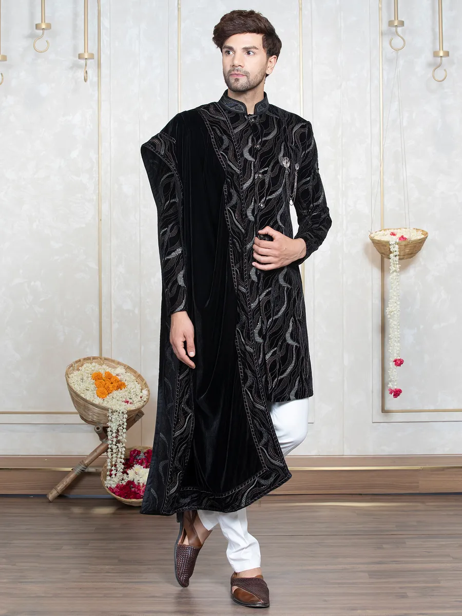 Black and white embroidery indowestern