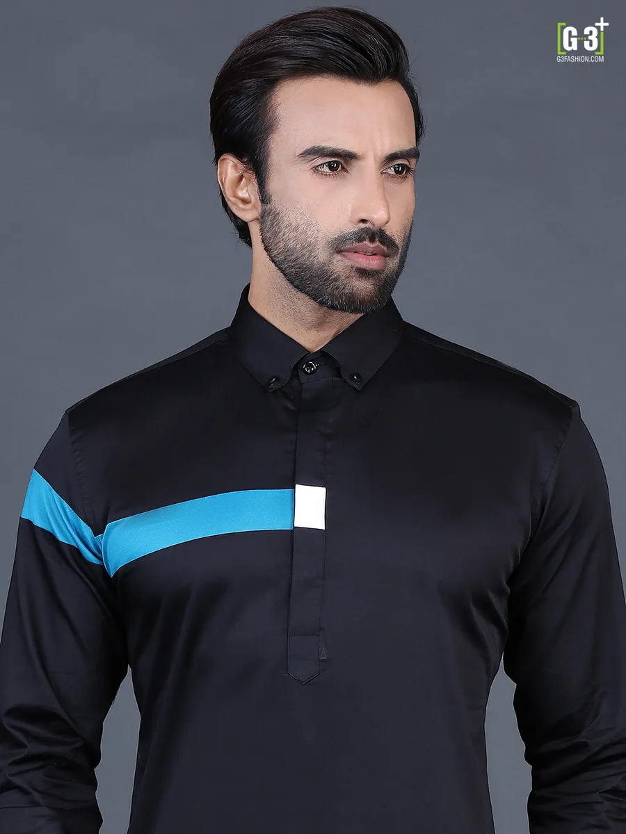 Black cotton solid men pathani suit for festive occasions