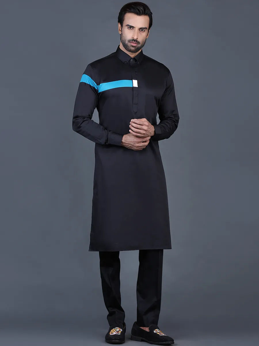 Black cotton solid men pathani suit for festive occasions