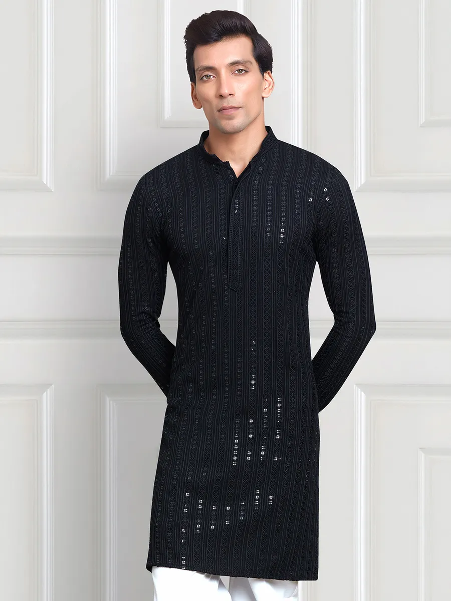 Black embroidery  Men Kurta pajama in rayon cotton