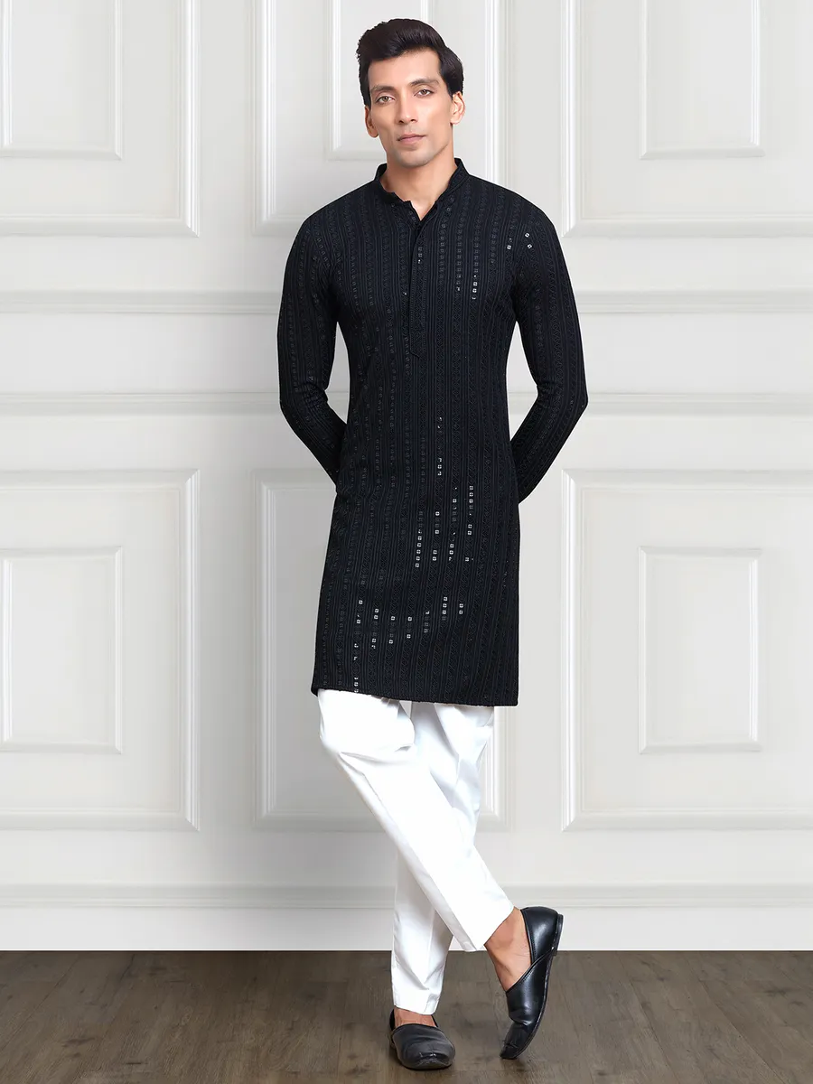 Black embroidery  Men Kurta pajama in rayon cotton