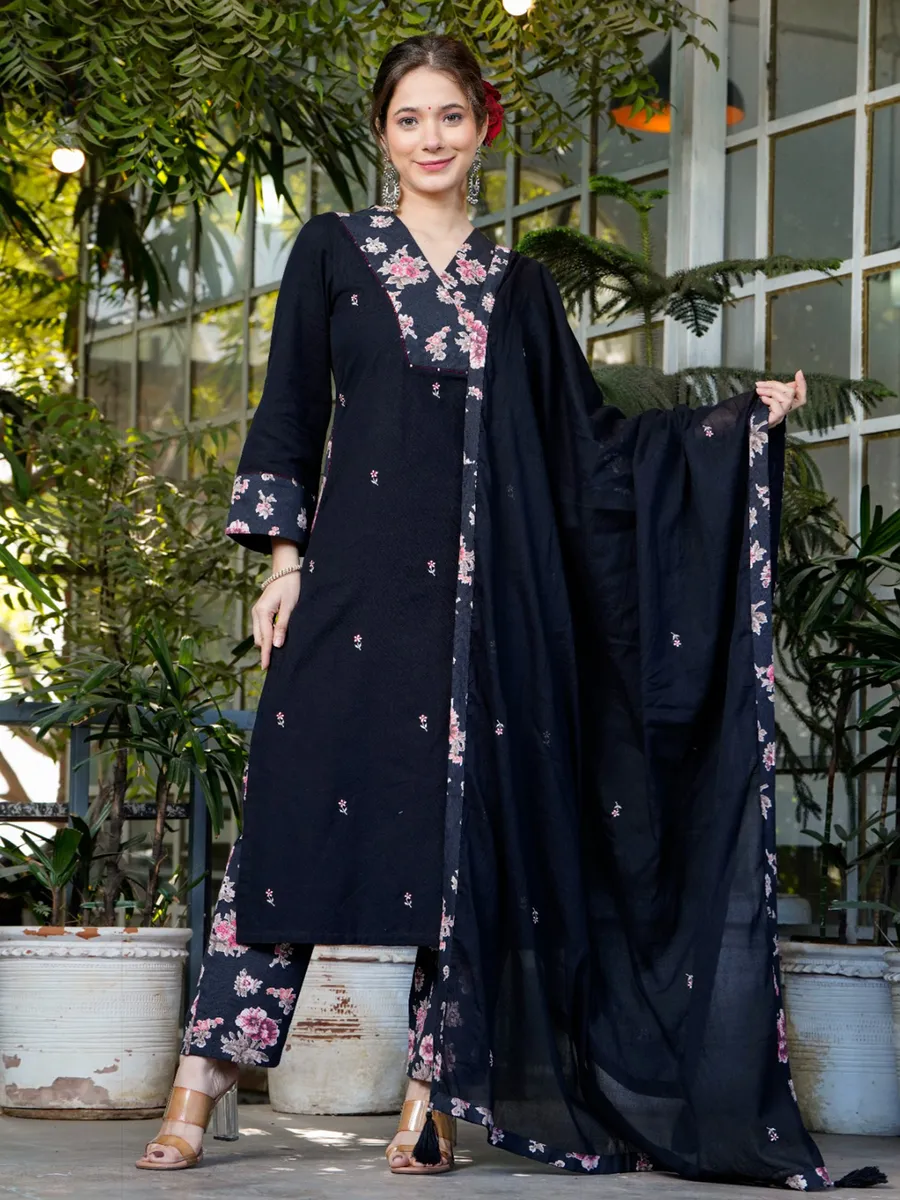 Black floral print cotton kurti set