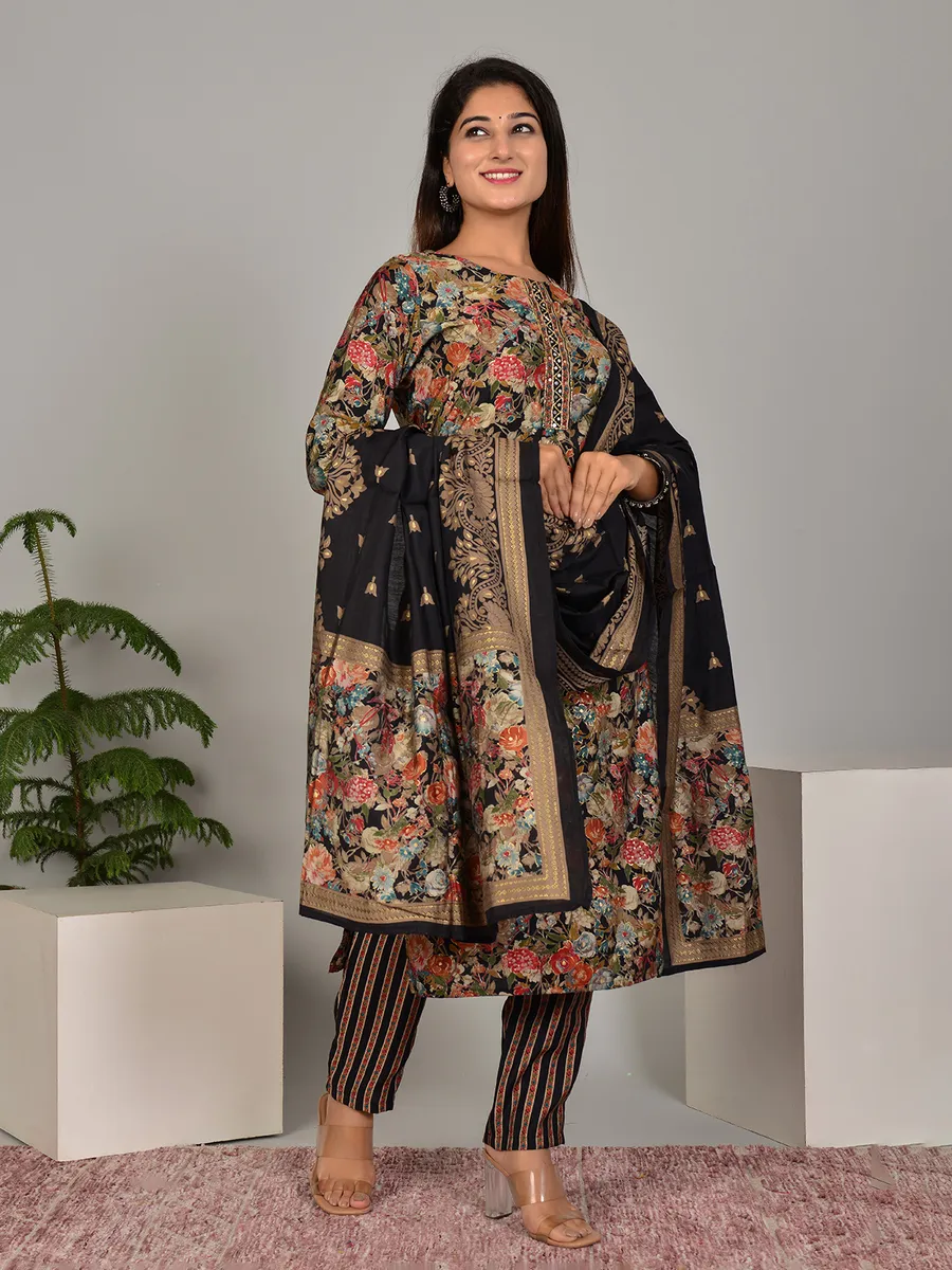 Black floral printed kurti set with dupatta