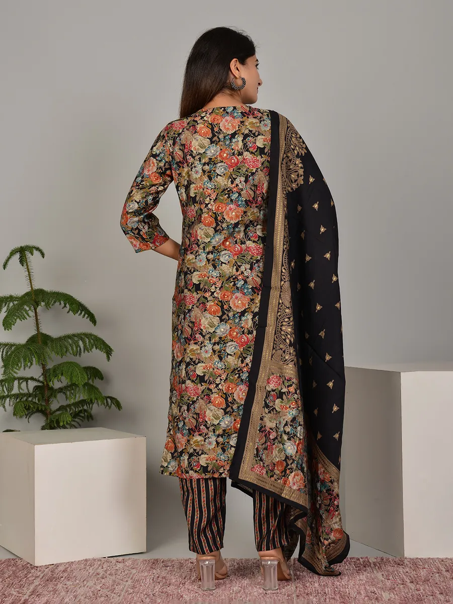 Black floral printed kurti set with dupatta