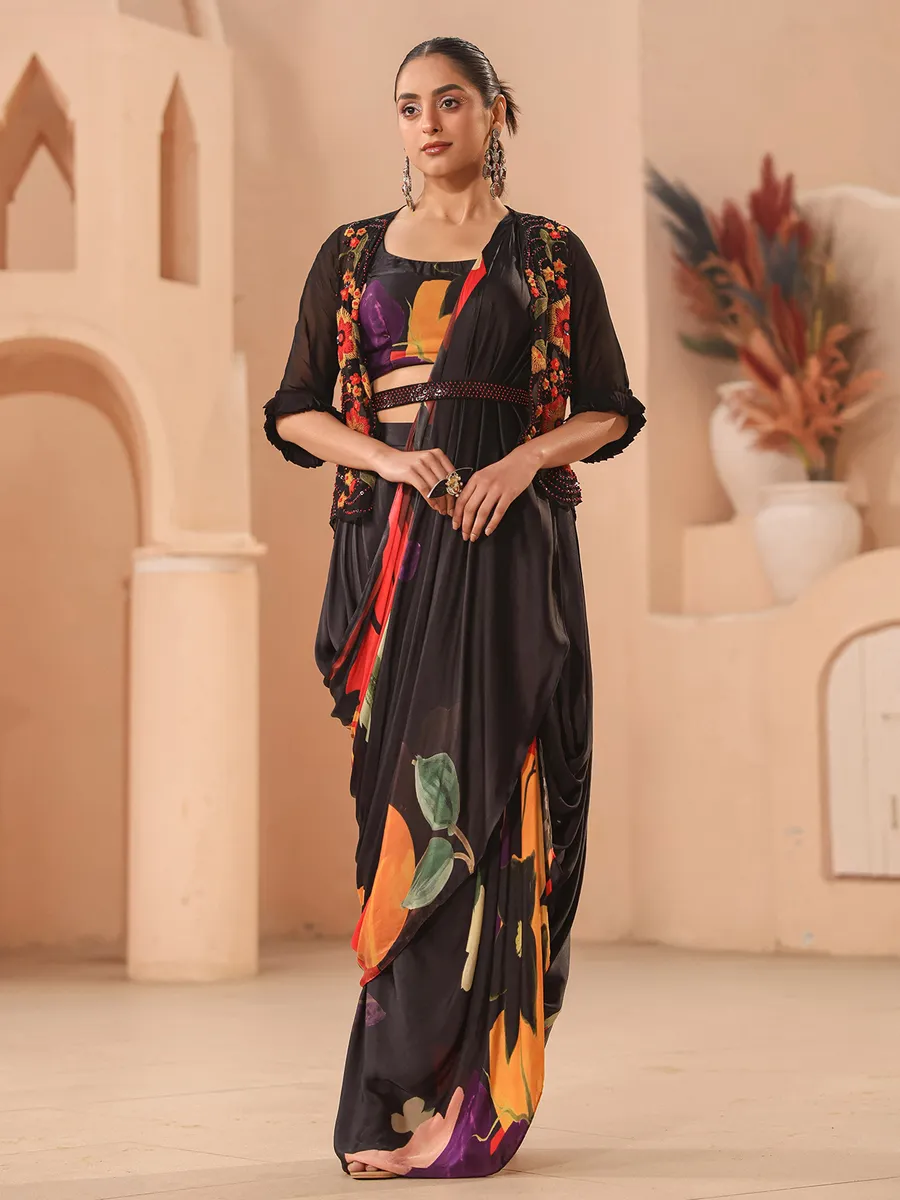 Black floral printed saree with jacket