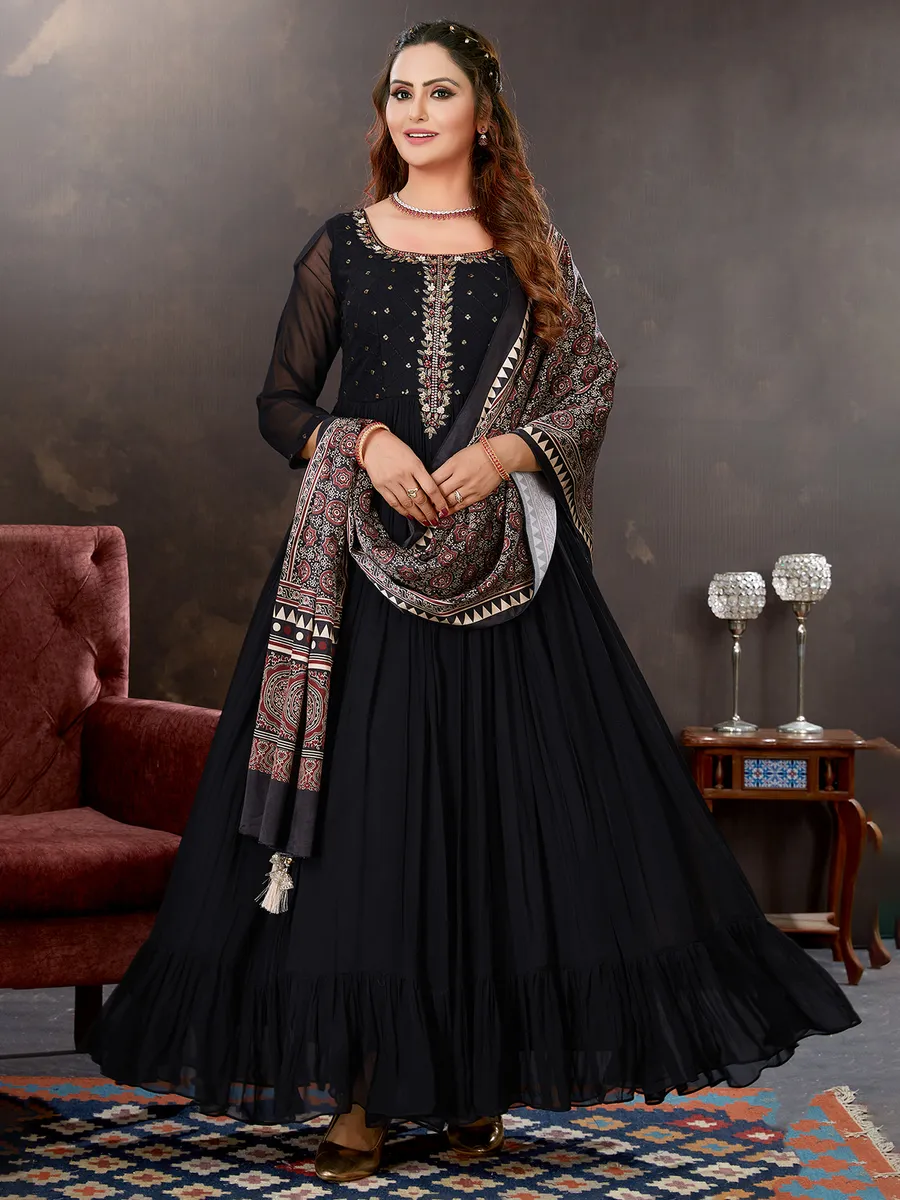 Black georgette anarkali floor length suit with dupatta