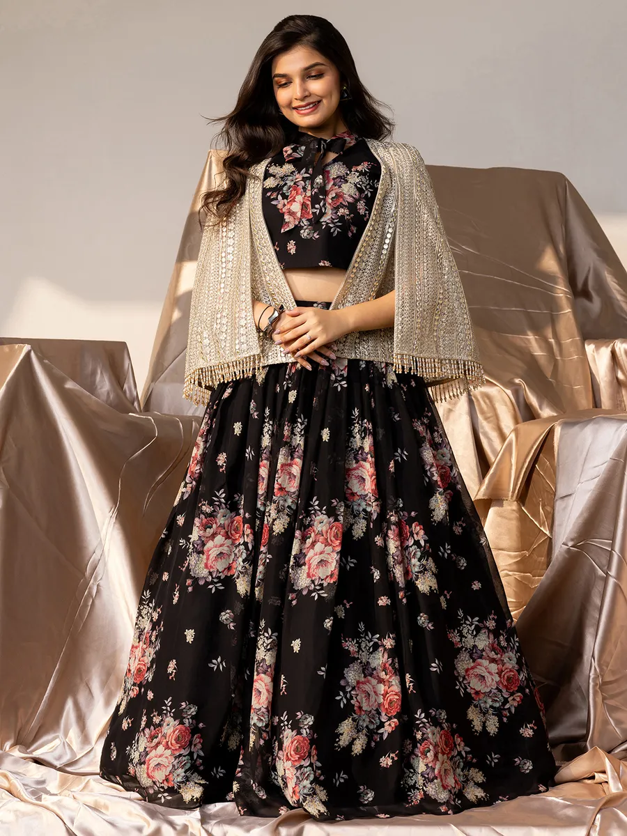 Black georgette lehenga choli with print