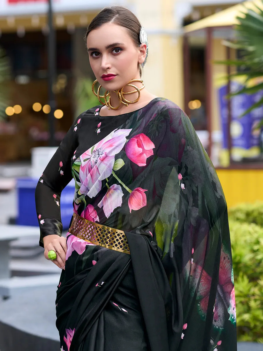 Black georgette saree with printed