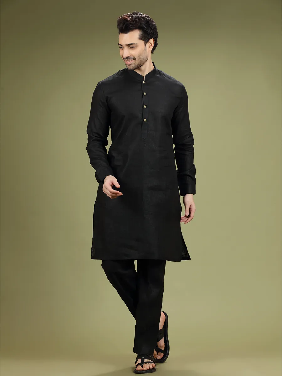 Black linen plain  Men Kurta pajama