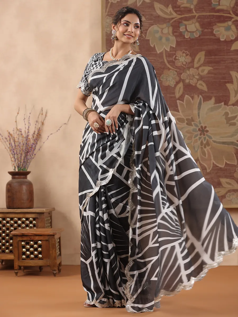 Black muslin silk printed saree