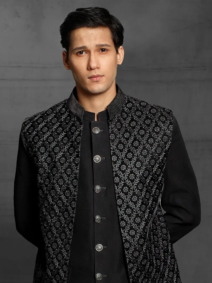 Black party wear black jodhpuri suit in terry rayon