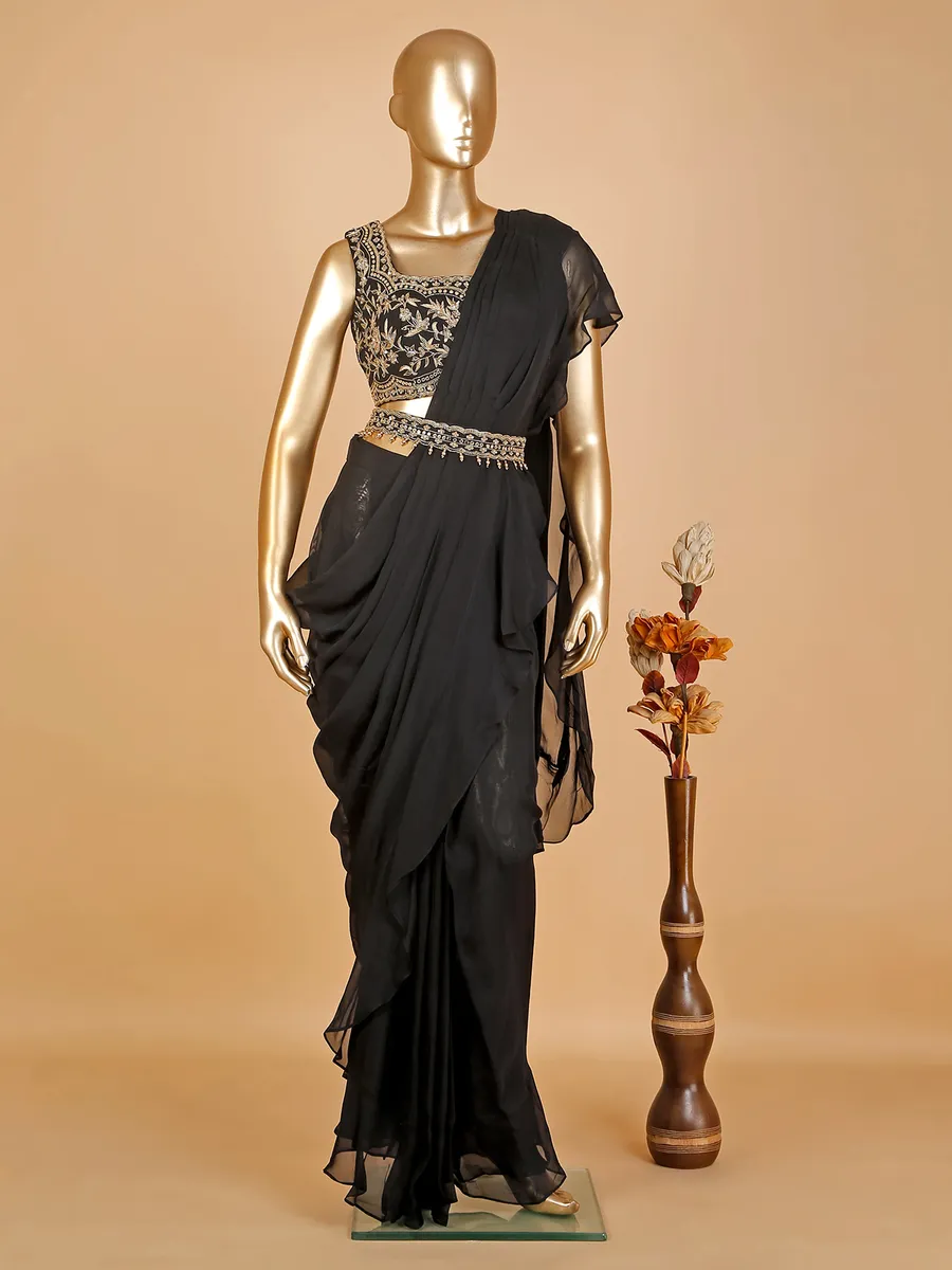 Black pre-stitched georgette saree