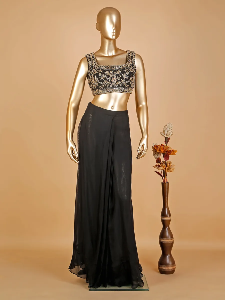 Black pre-stitched georgette saree