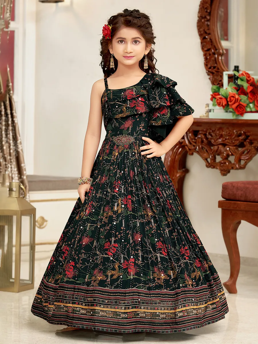 Black printed gown in silk