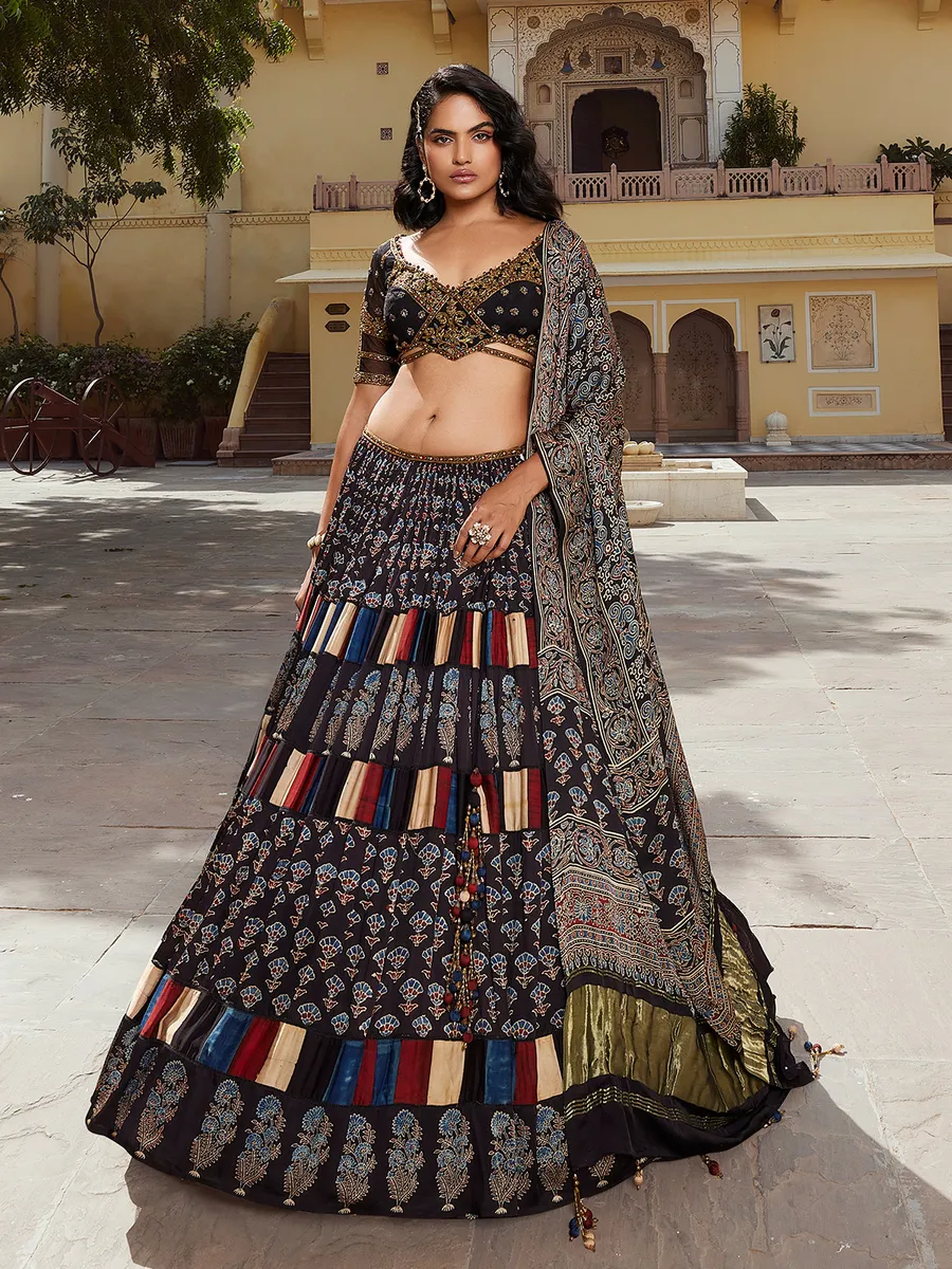 Black printed modal silk lehenga choli