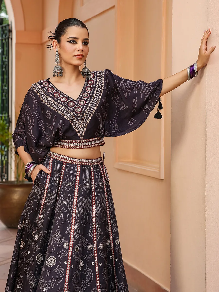 Black printed raw silk crop top with lehenga