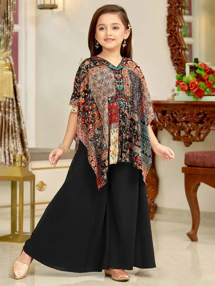 Black printed silk palazzo salwar suit