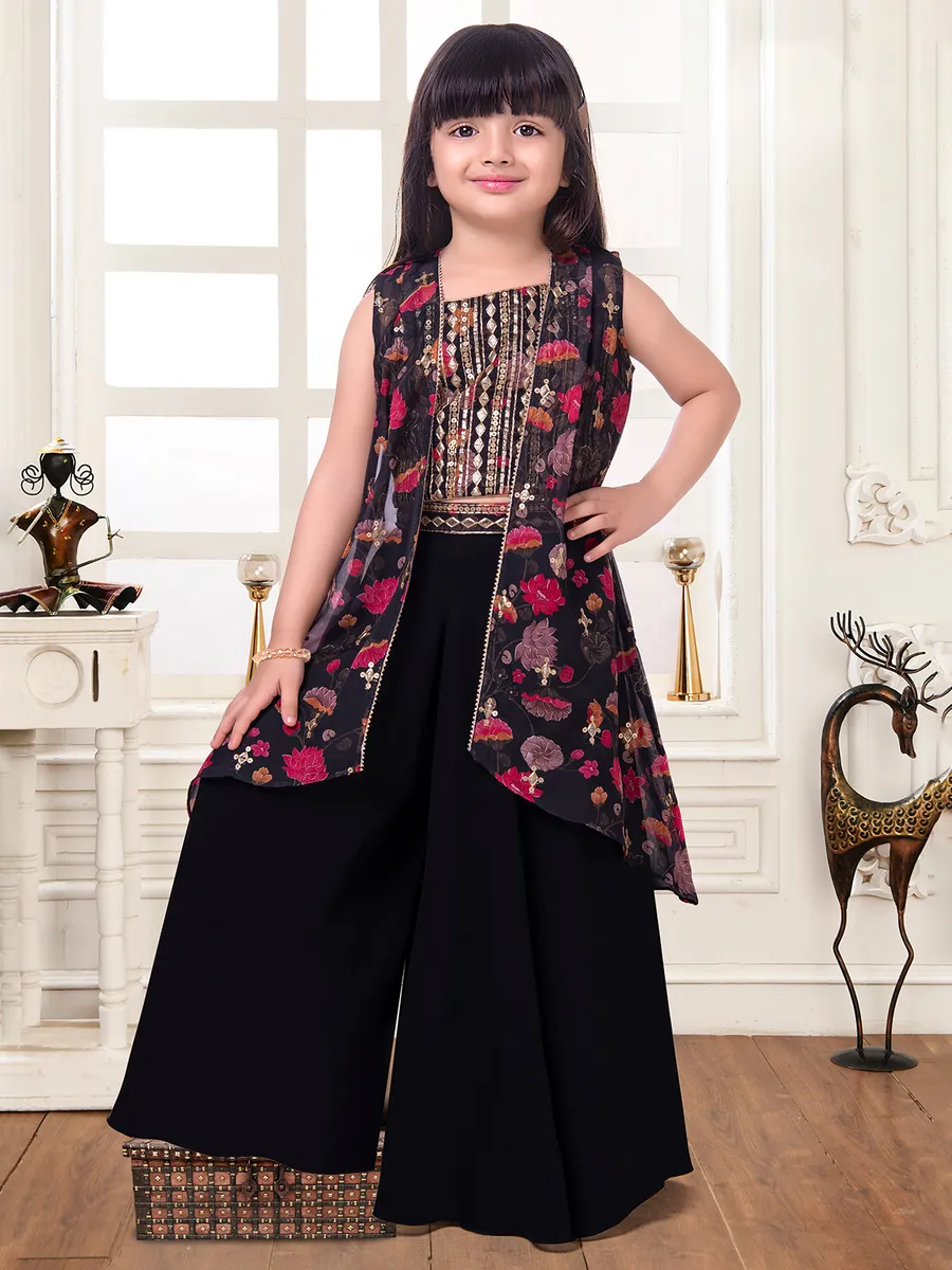 Black printed silk palazzo suit with shrug
