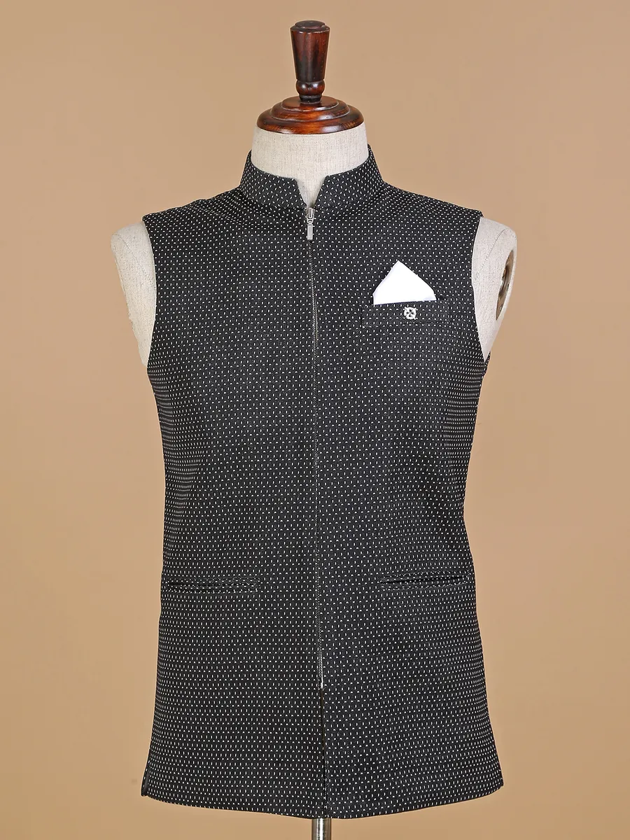 Black printed silk waistcoat for festive look