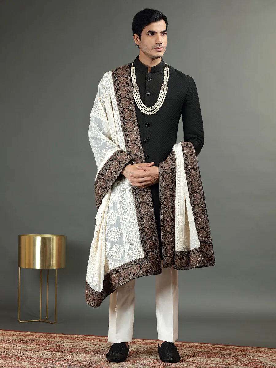 Black raw silk groom sherwani