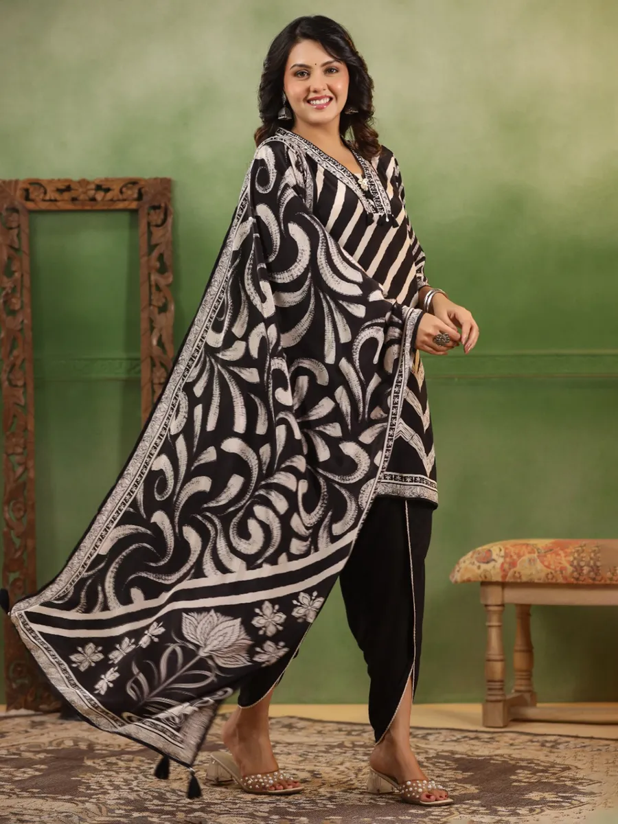Black satin printed kurti set with print