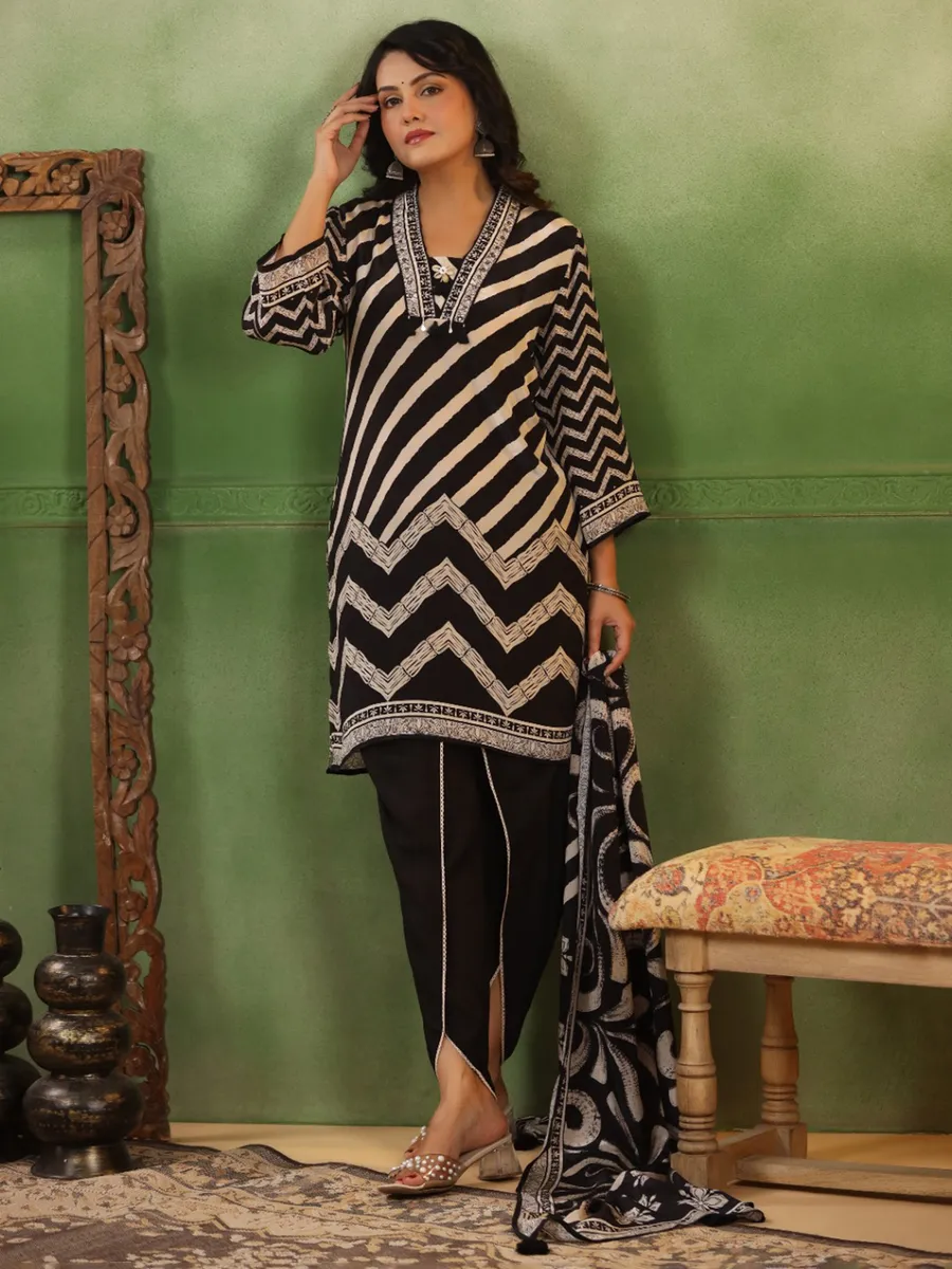 Black satin printed kurti set with print