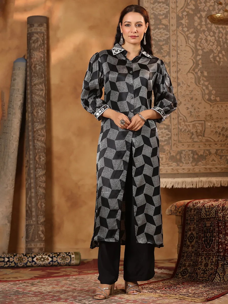 Black satin silk printed kurti set