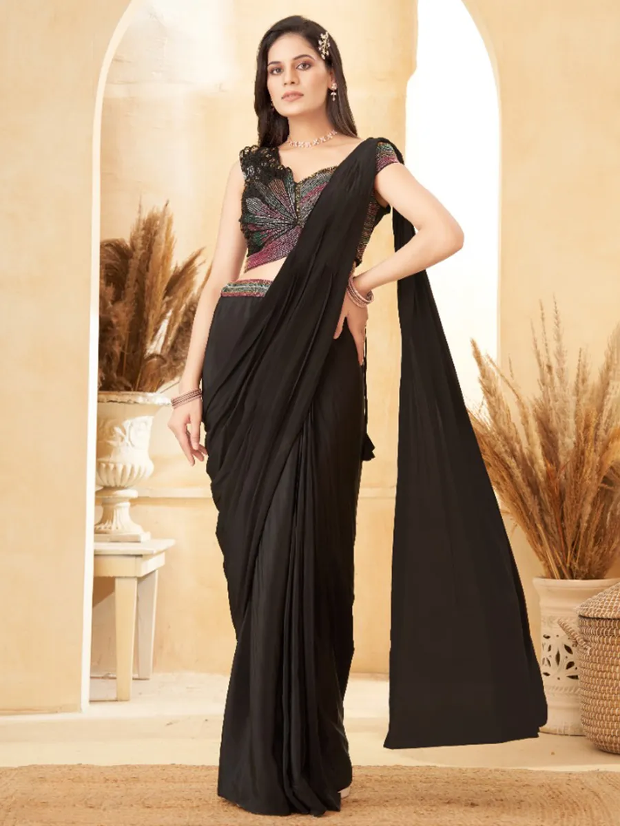 Black satin silk ready to wear saree
