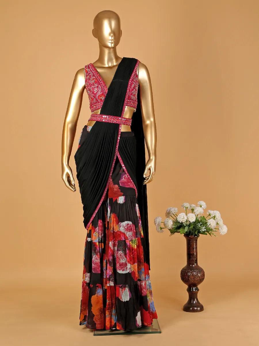 Black sharara suit with attached drape dupatta