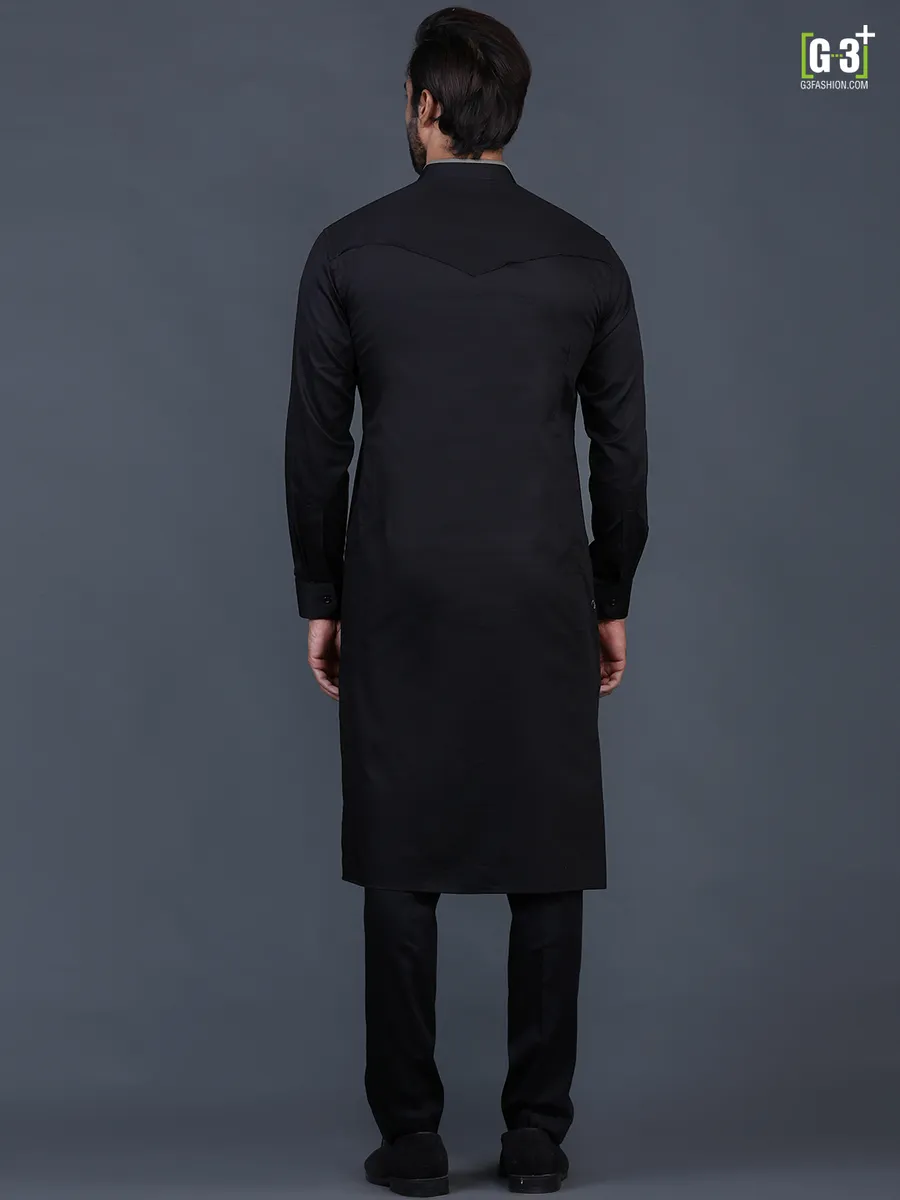 Black solid cotton mens pathani suit