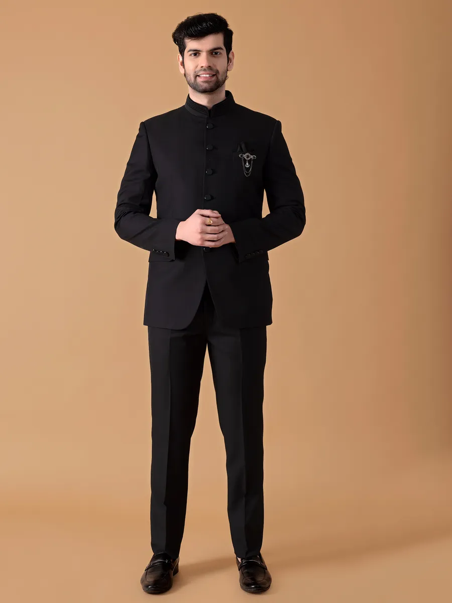 Black terry rayon plain jodhpuri suit