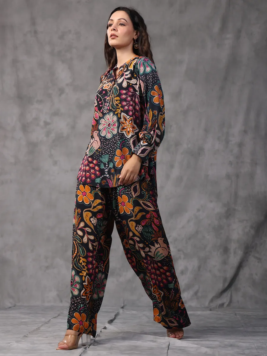 Black viscose crepe printed co ord set