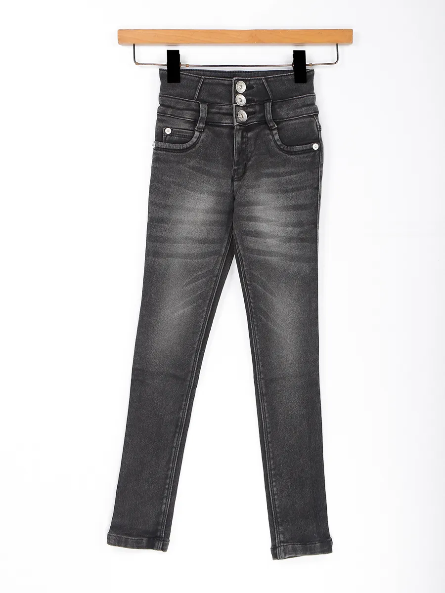 Black washed three botton placket jeans