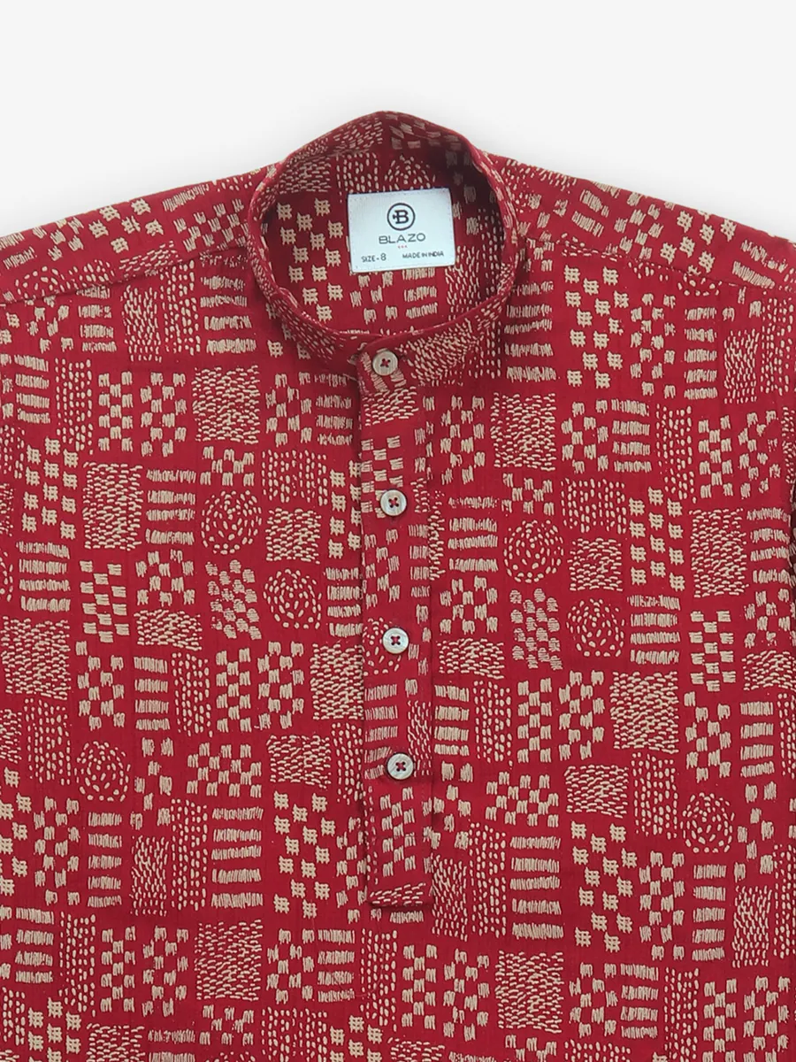 BLAZO red cotton kurta style shirt for boys with print