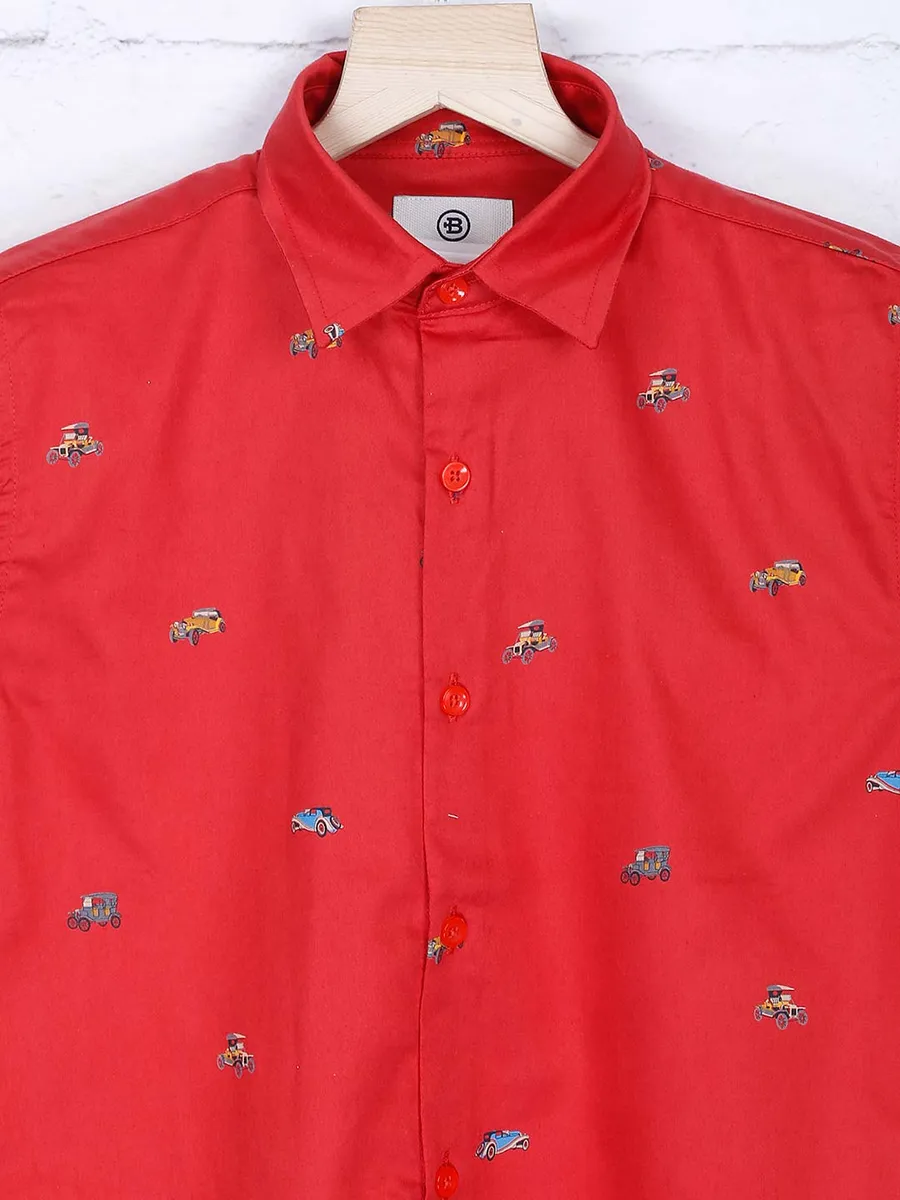 Blazo red hue car printed cotton shirt