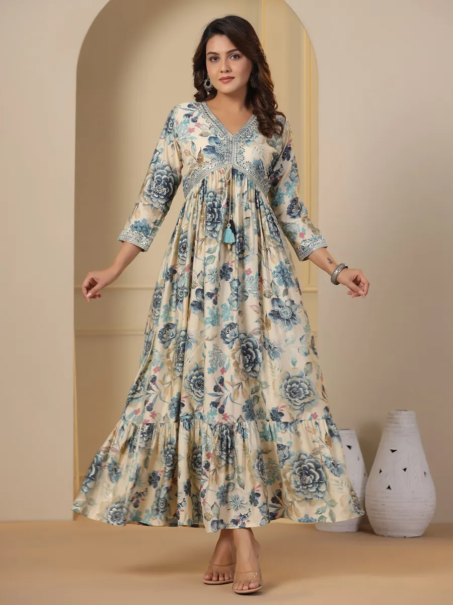 Blue and beige cotton printed kurti