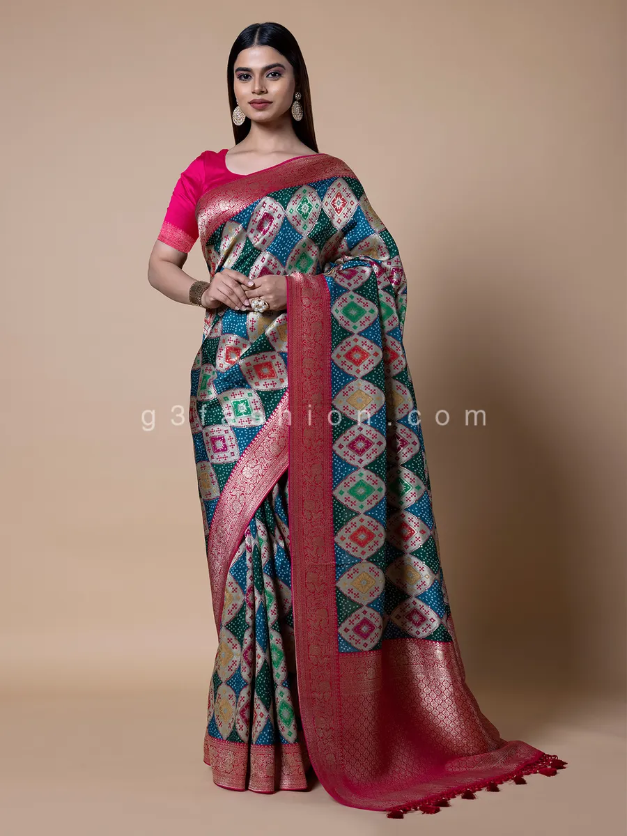 Blue and green dola silk printed saree