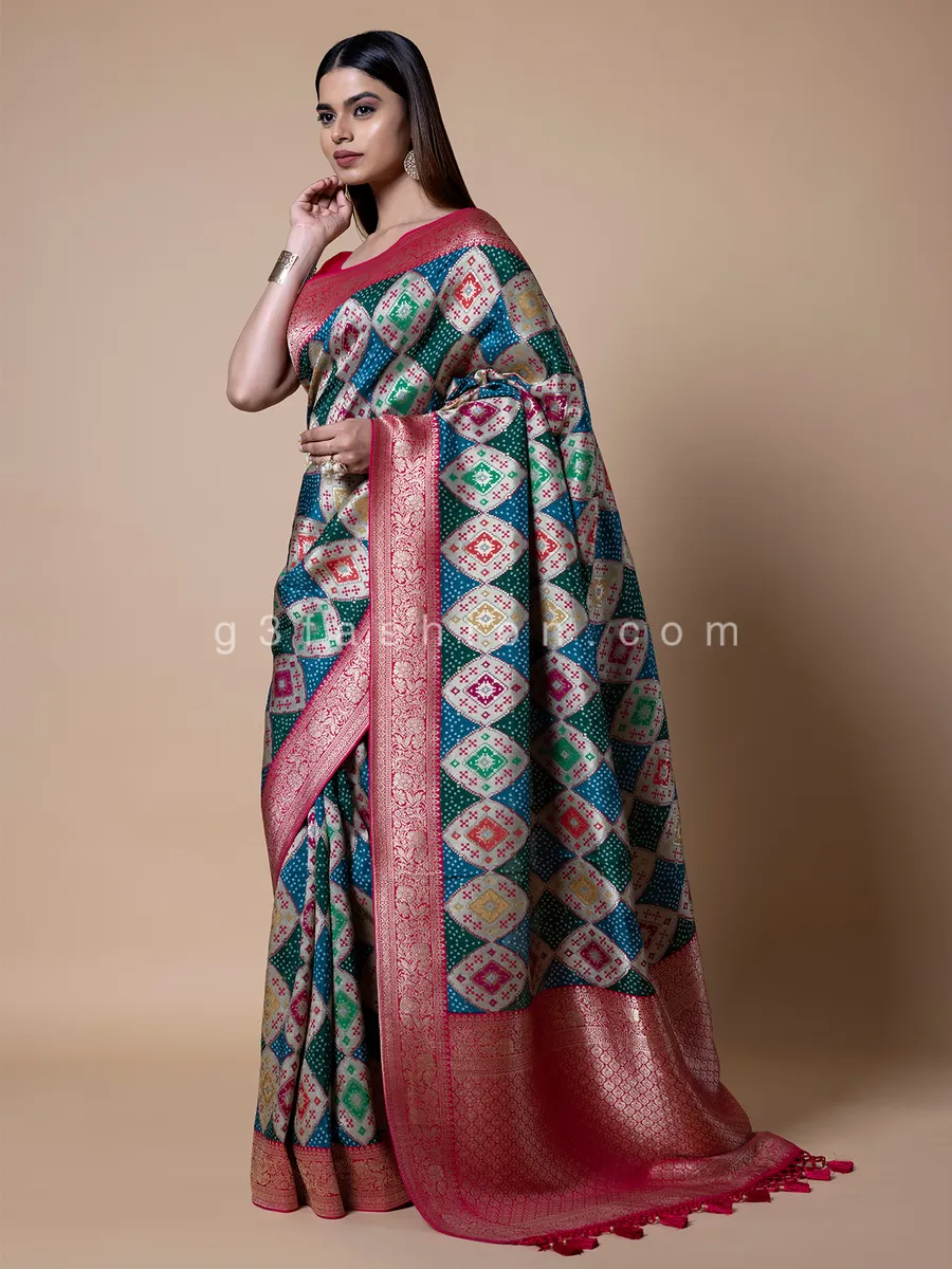 Blue and green dola silk printed saree