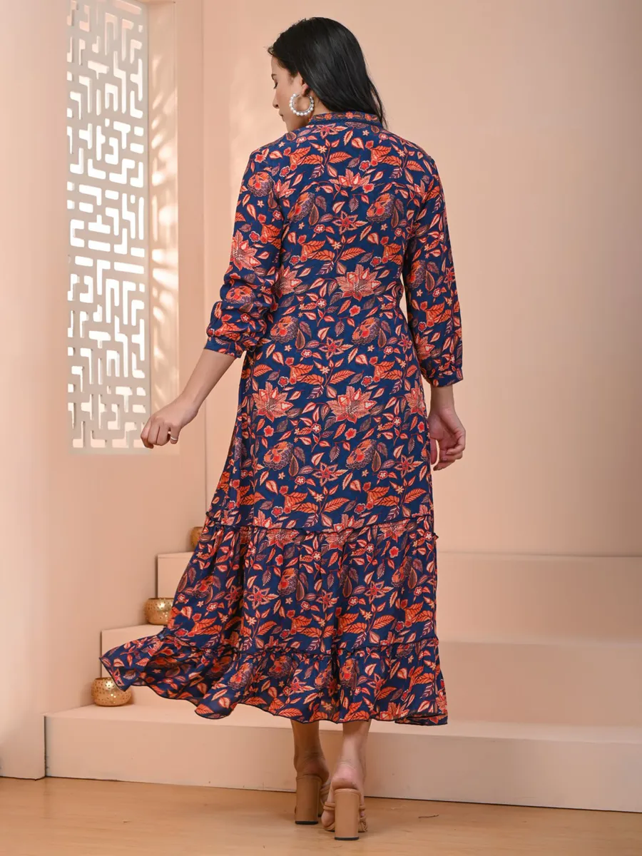 Blue and orange printed long kurti