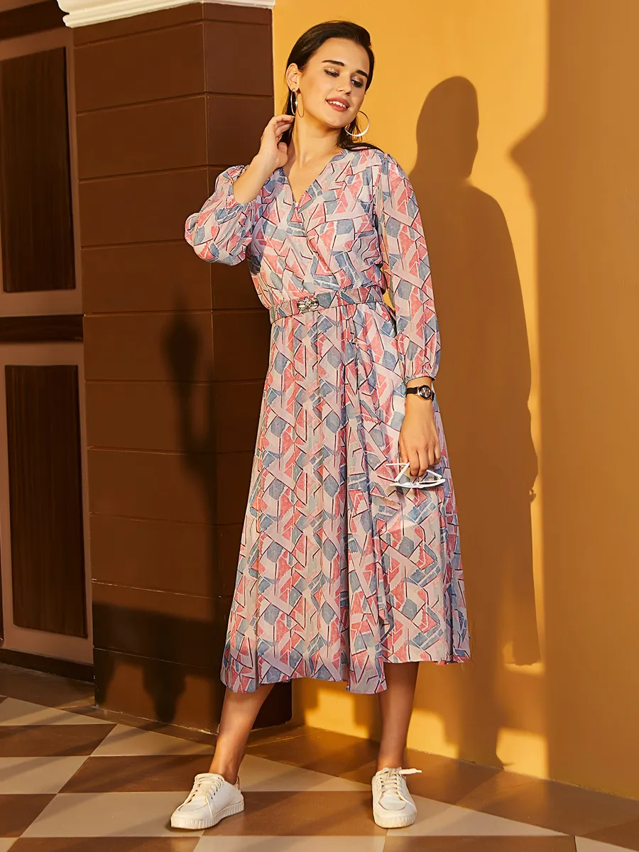 Blue and pink georgette printed dress