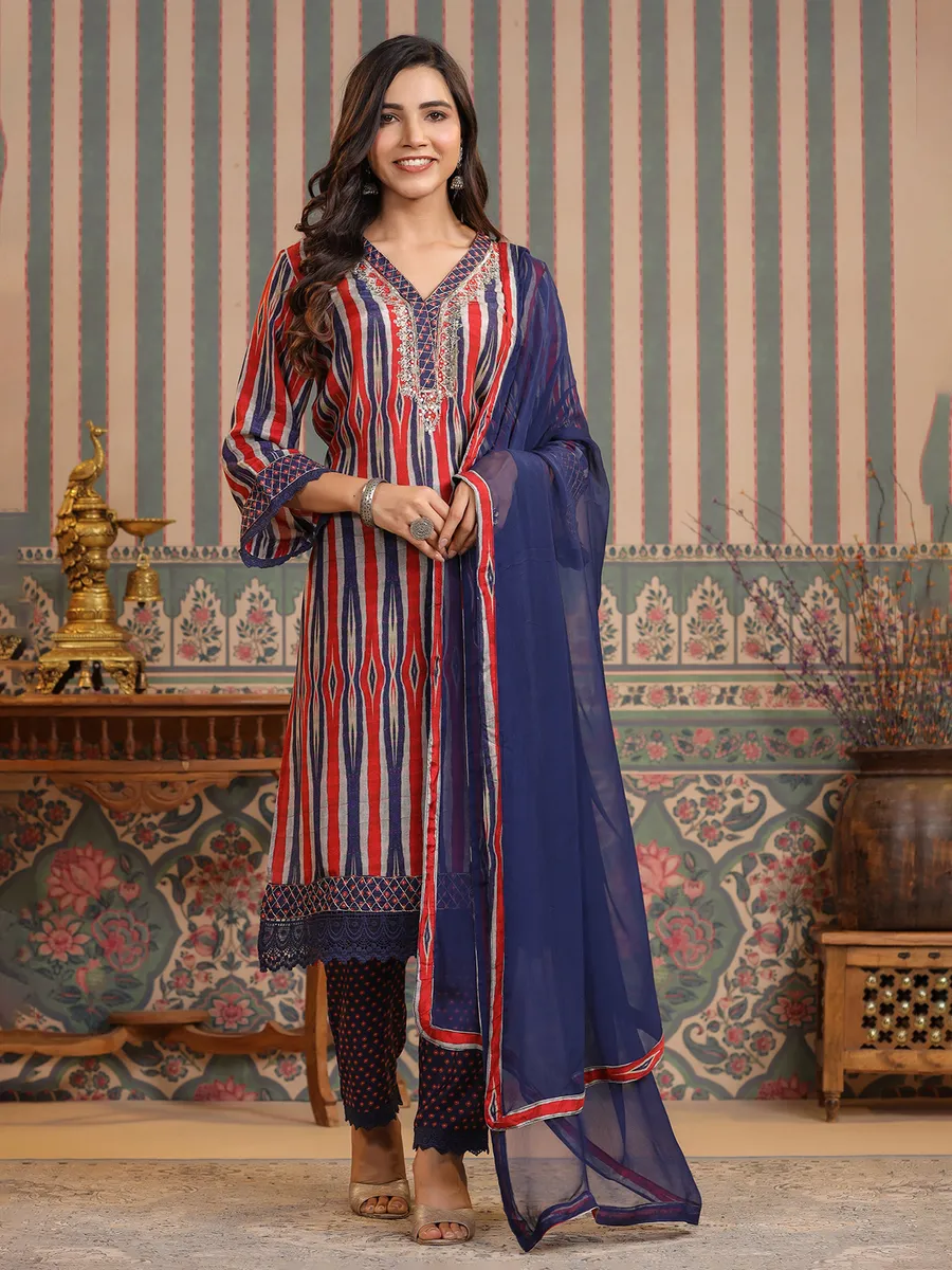 Blue and red silk printed kurti set