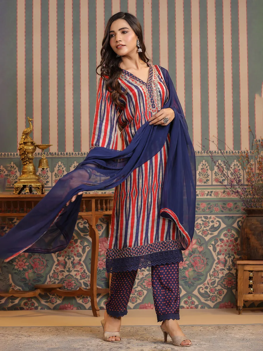 Blue and red silk printed kurti set